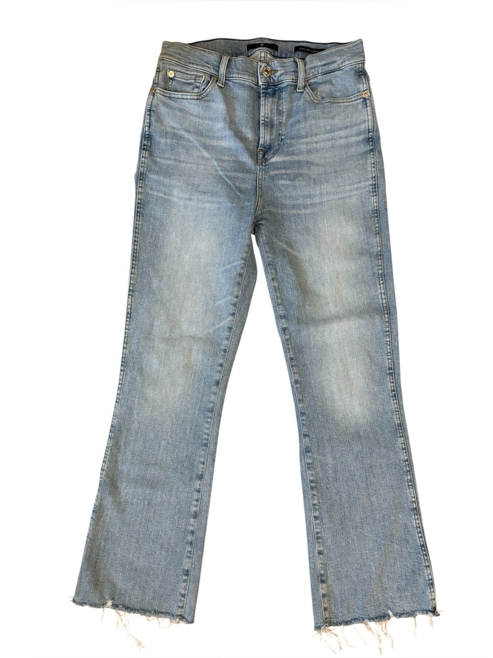 7 For All Mankind Light Wash Italian Fabric High Rise Raw Hem Bootcut Jeans  29